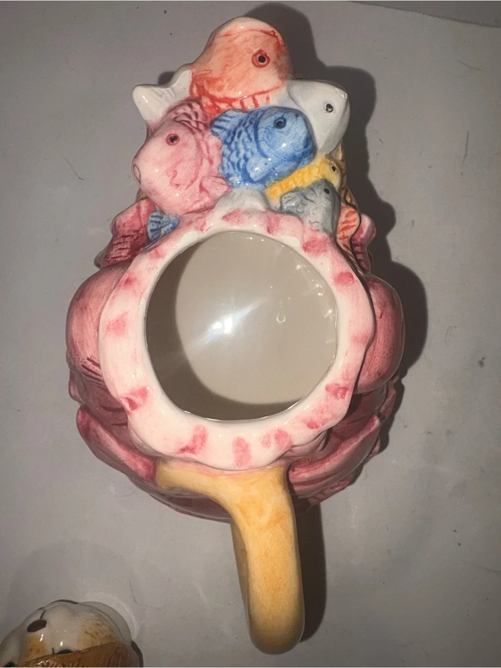 Hand-Painted Pink Ceramic Cat Figurine with Basket of Fish Teapot- Vintage